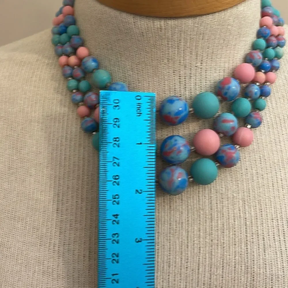 Vintage Japan Three Strand Pastel Candy Colored Beaded Necklace